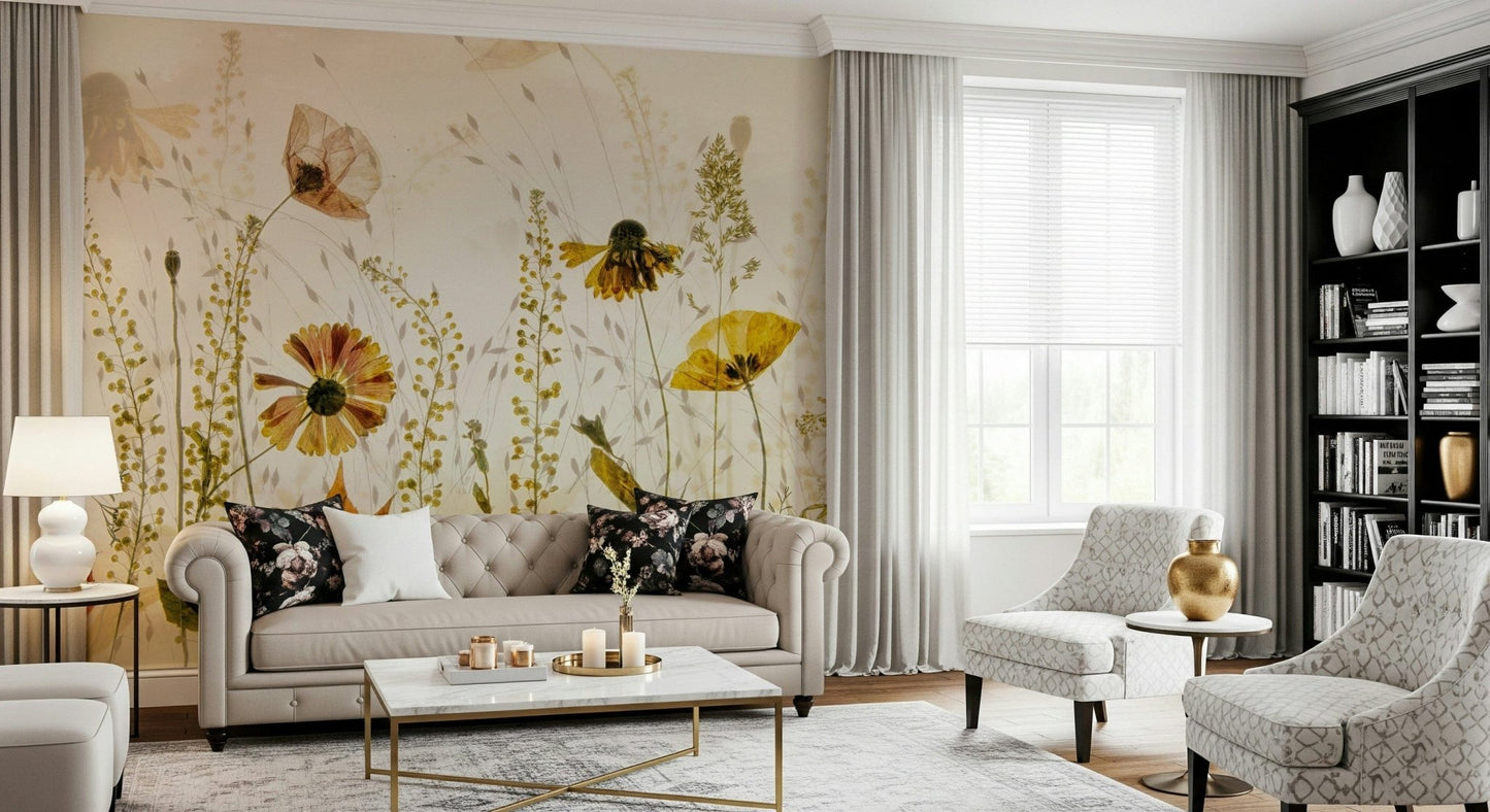 A contemplative floral pattern wallpaper mural for a feature wall.