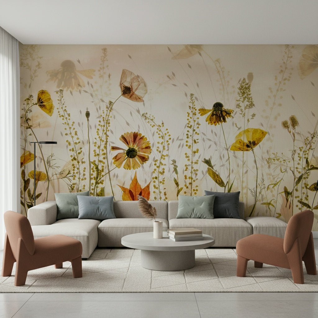 A beautiful pressed petal wallpaper mural with a vintage floral design.