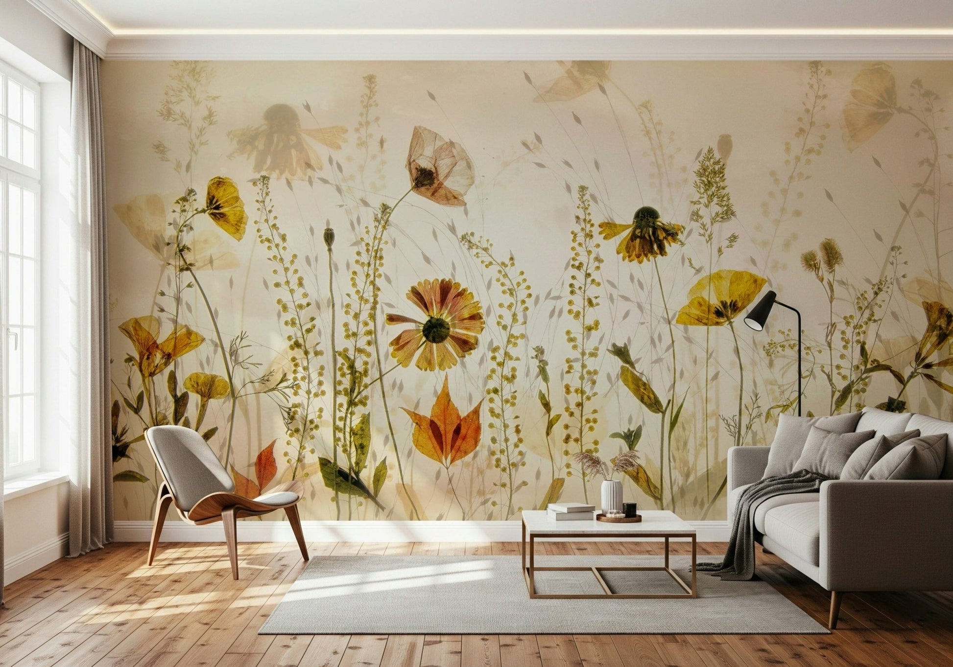 A classic soft floral wallpaper for walls with an aged look.