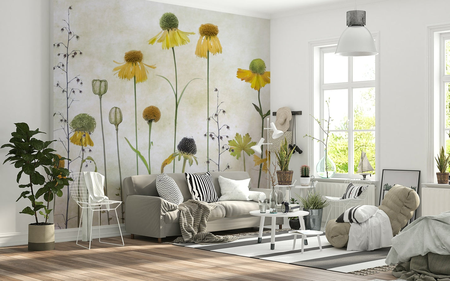 An artistic delicate bloom mural on minimalist wallpaper.