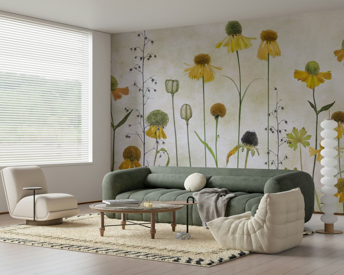 A calming floral design wallpaper mural that defines a space.