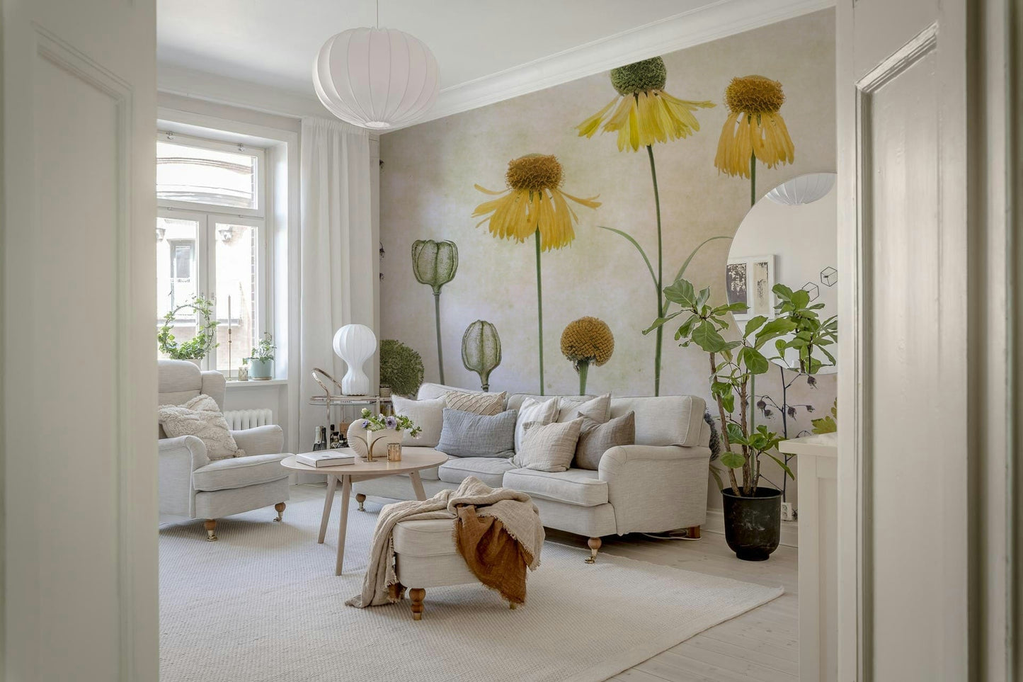 A peaceful flower design mural on decorative wallpaper.