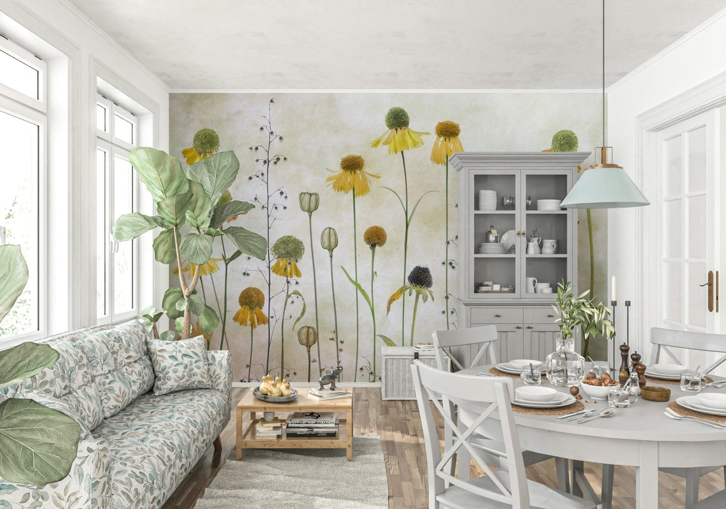 A graceful subtle flower wall mural in soft, elegant tones.