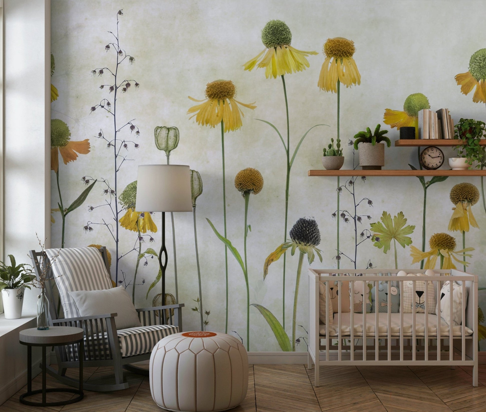 A contemplative floral pattern wallpaper mural for a feature wall.