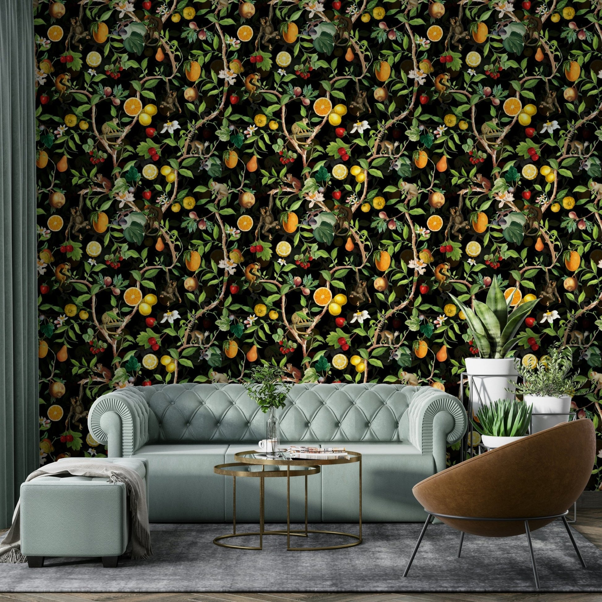 Primate wallpaper in a tropical jungle scene

