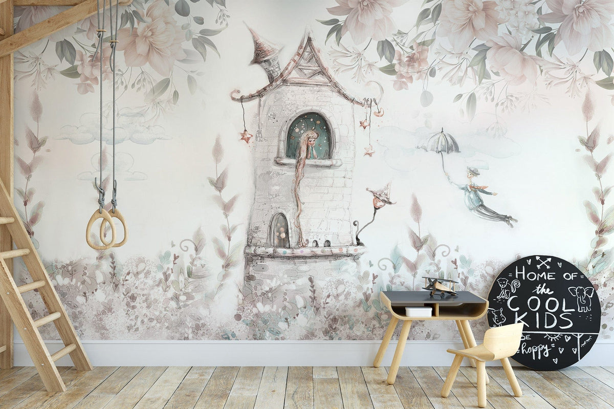 Enchanting princess tower floral wallpaper mural for kids' rooms., B331