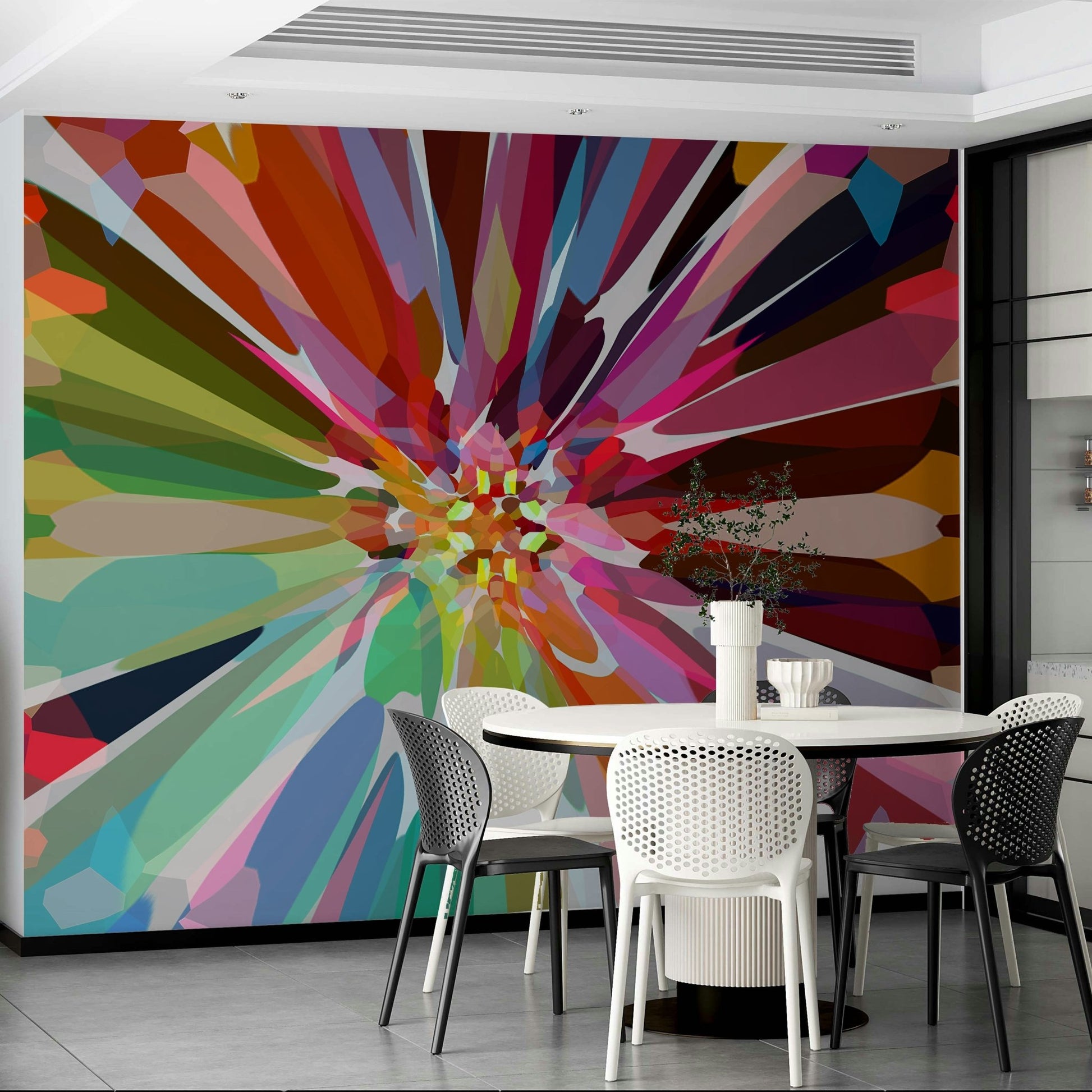 Vibrant Prismatic Burst mural for energetic interiors

