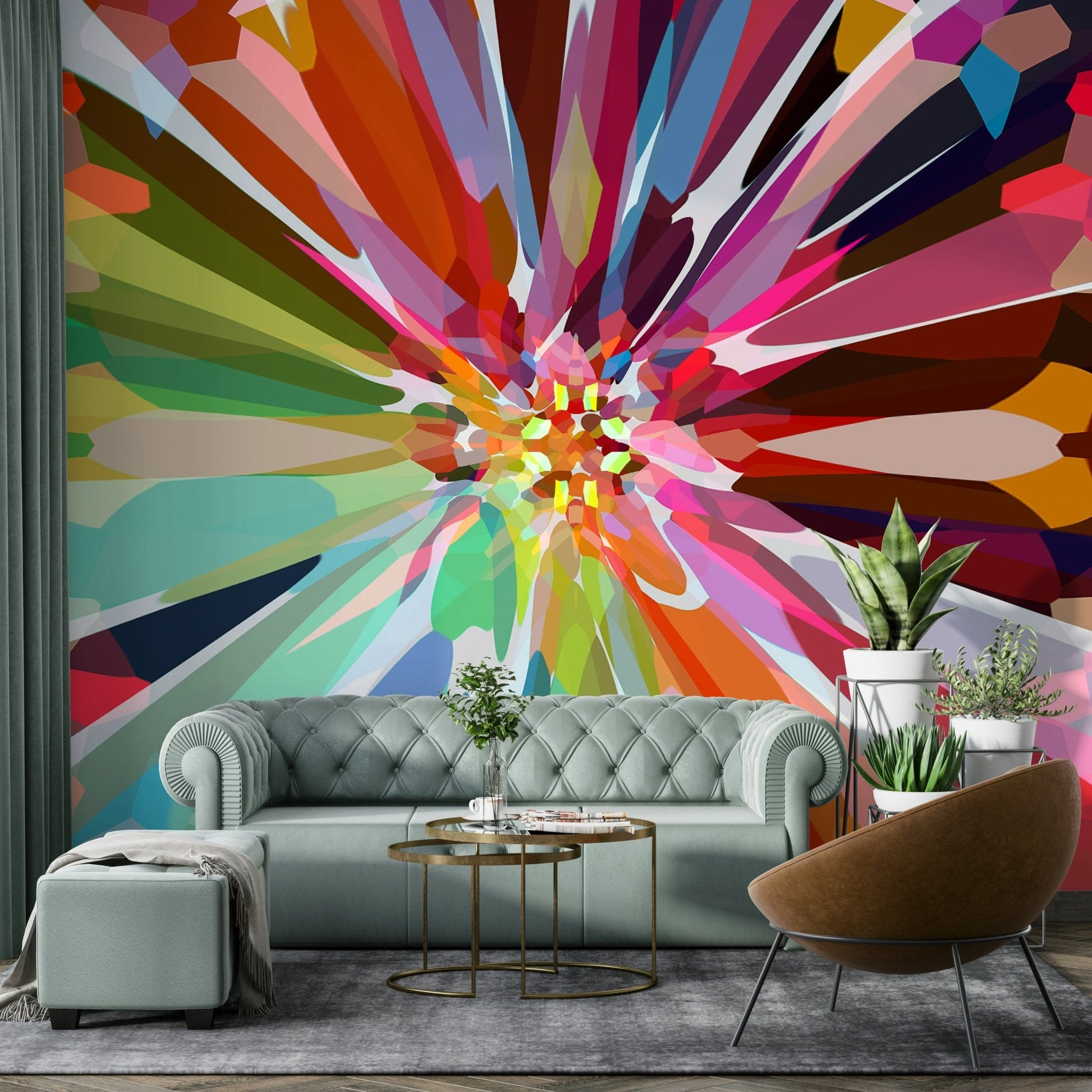Dynamic Prismatic Burst wall mural for creative spaces

