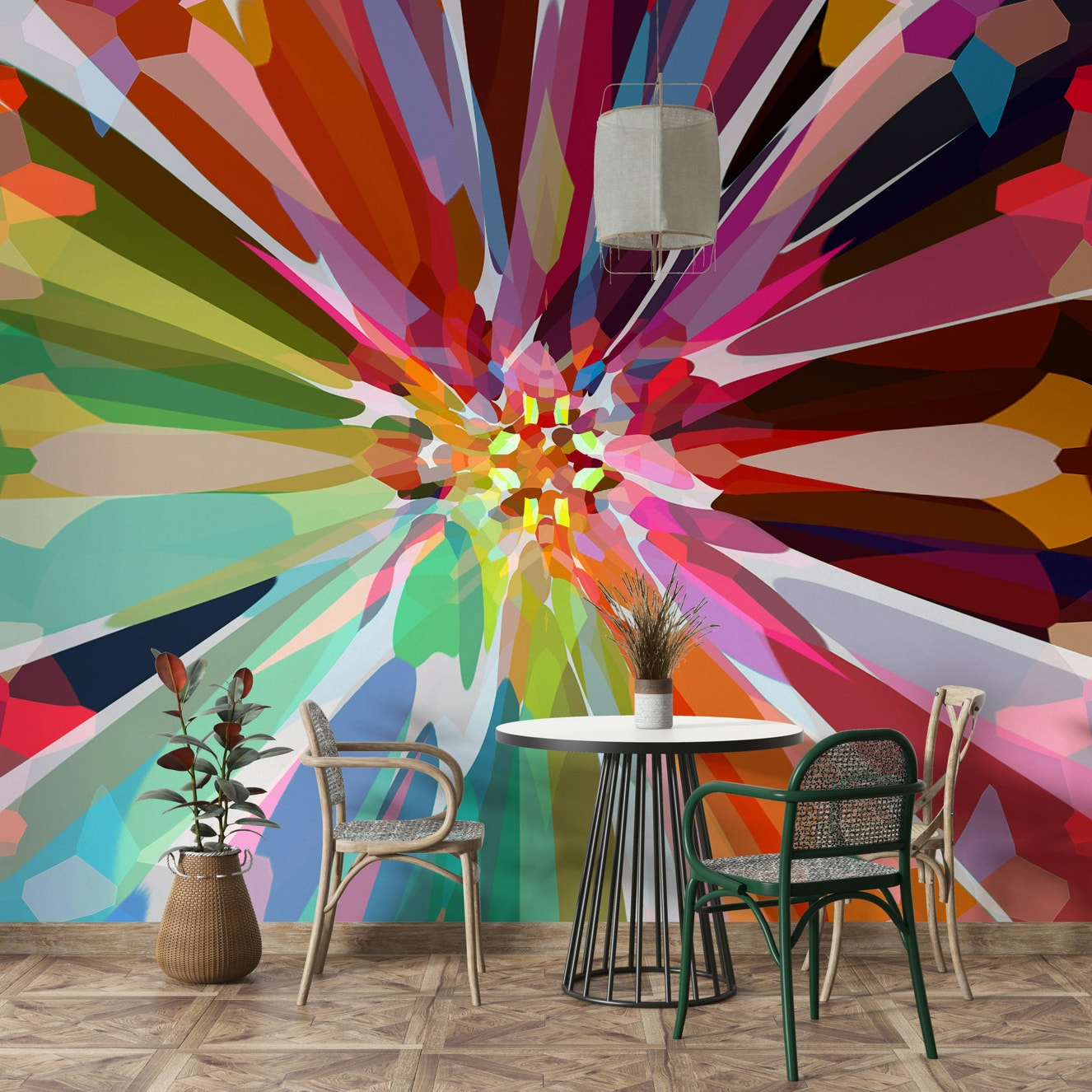 Prismatic Burst wall mural with bold geometric colors

