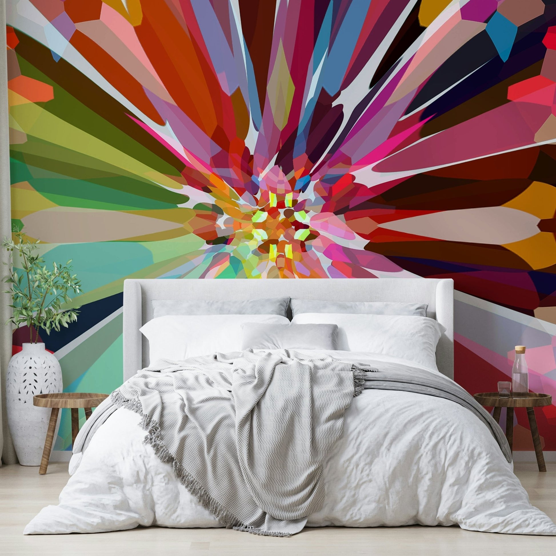 Bold abstract color mural with prismatic shapes

