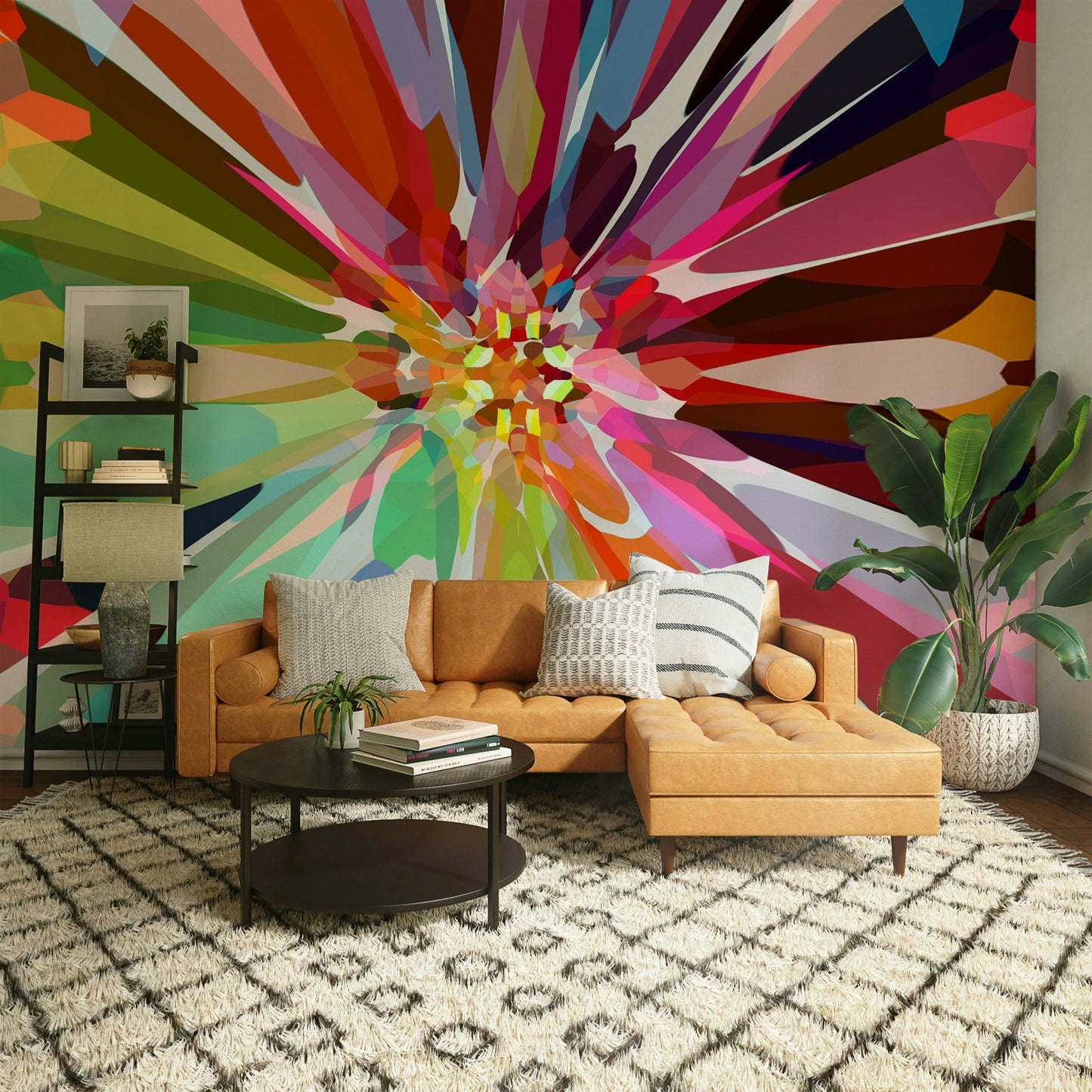 Geometric Prismatic Burst mural for modern living rooms


