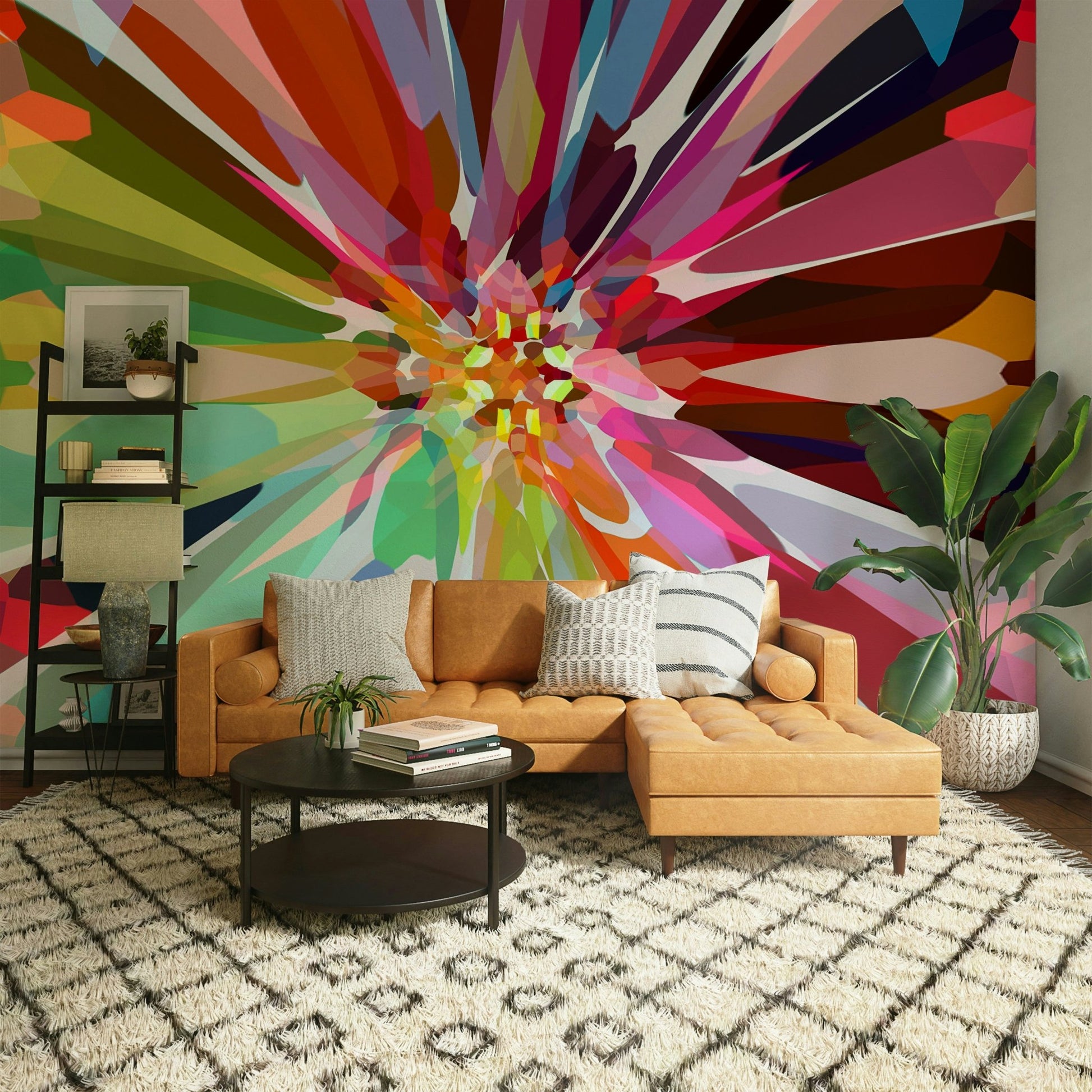 Geometric Prismatic Burst mural for modern living rooms

