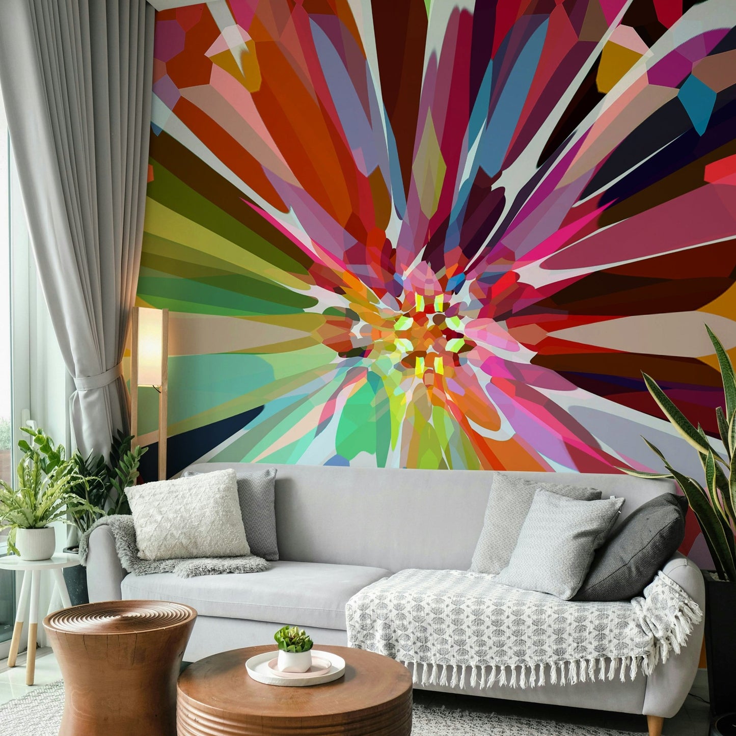 Eye-catching Prismatic Burst mural with layered patterns

