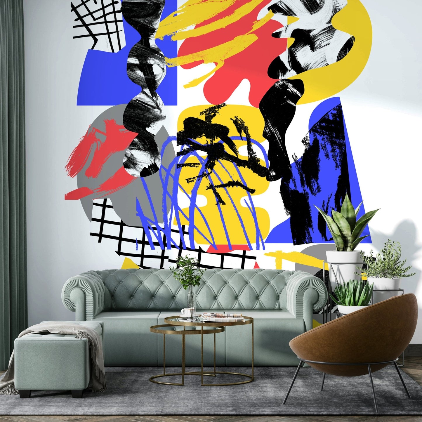 Layered translucent shapes on mural wallpaper

