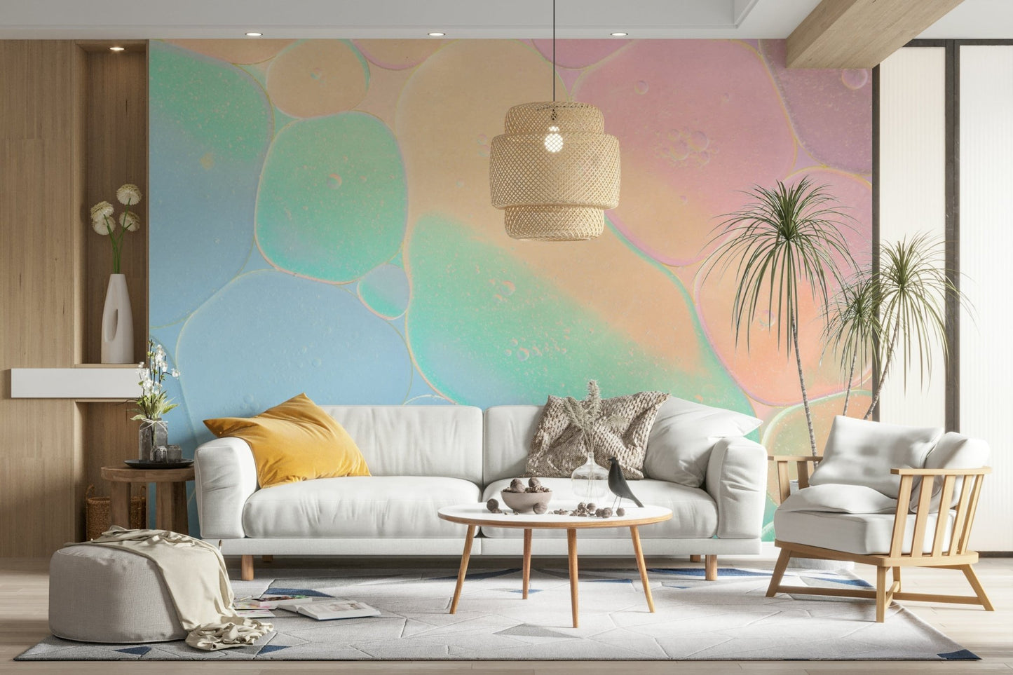 A wall mural featuring abstract pastel shapes.