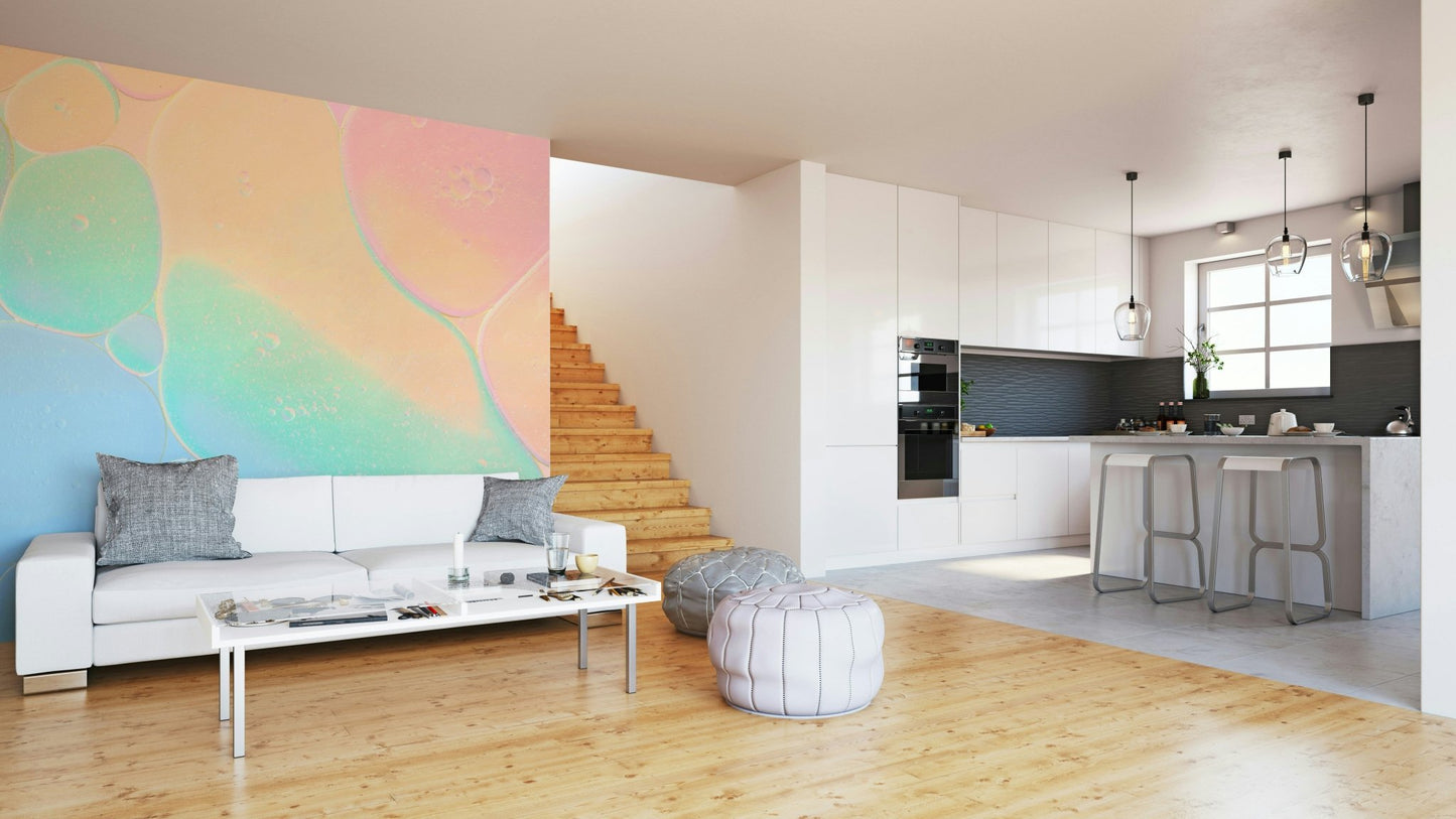 Hues of light blue, peach, pale green, and soft pink are prominent.

