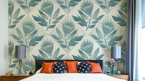 Bright protea flowers standing out against a calming turquoise background, GD2231
