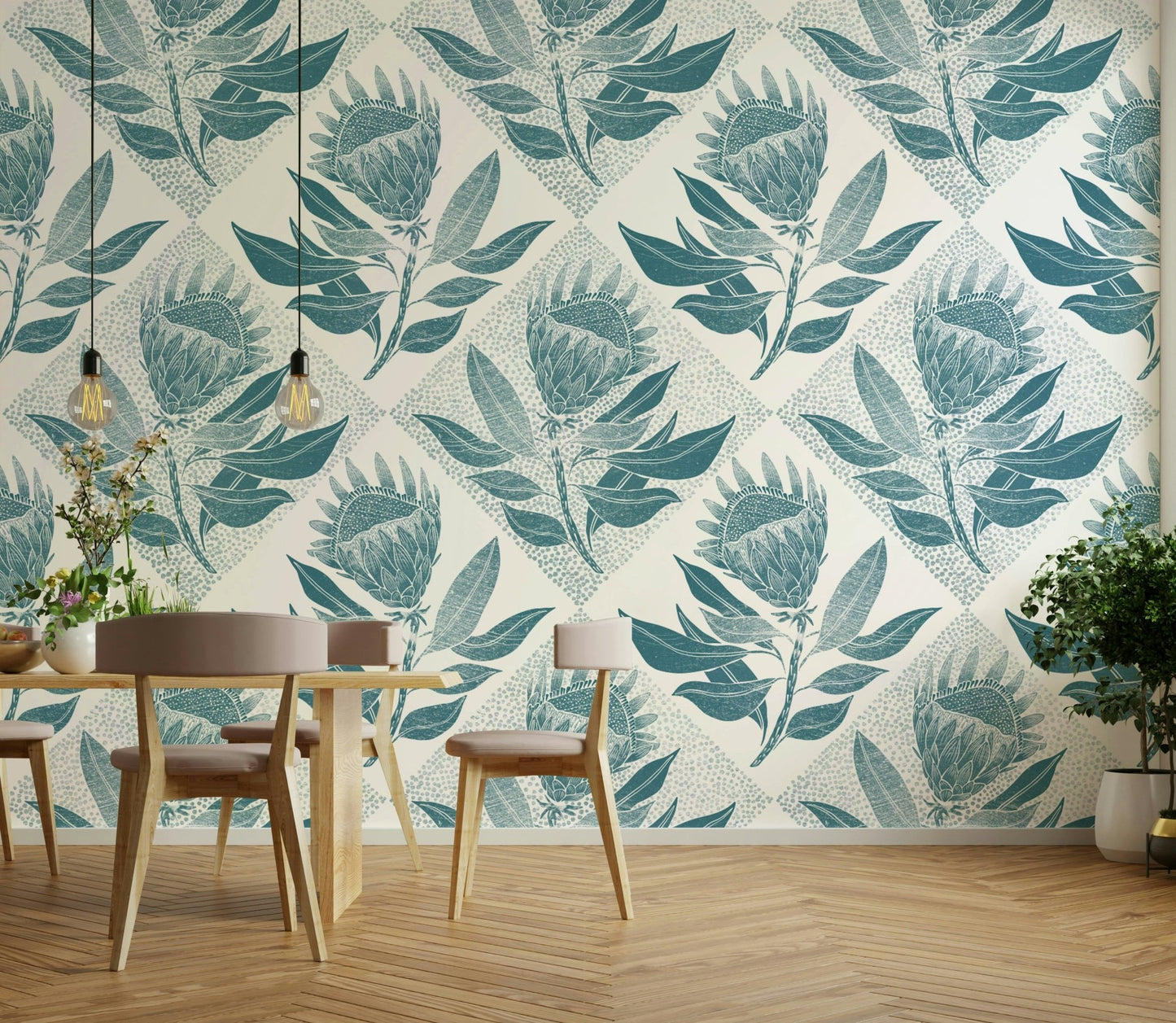 Detailed protea flower design in bold colors on a turquoise backdrop

