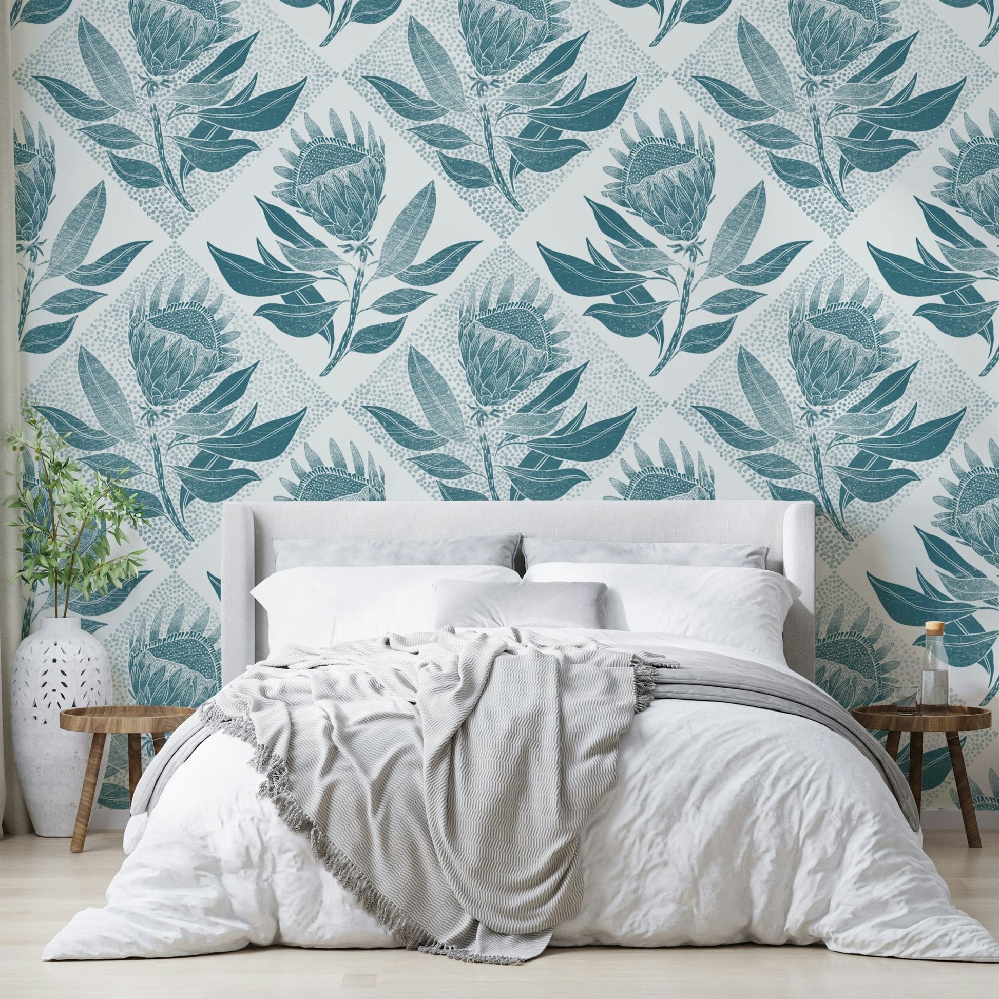 Protea Stamp Turquoise Wallpaper with vibrant flowers and soft turquoise background

