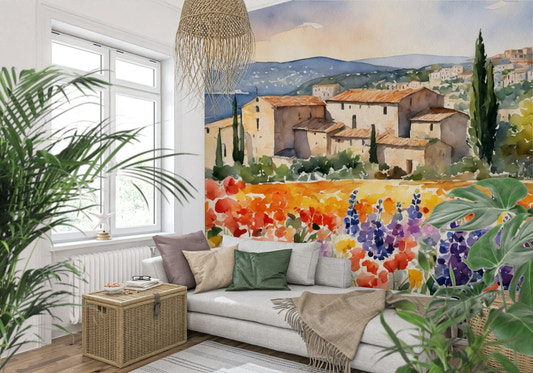 Provençal Vista Wall Mural wallpaper mural in a rustic living room setting.