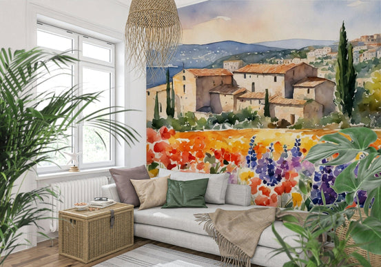 Provençal Vista Wall Mural wallpaper mural in a rustic living room setting., GD7902