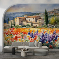 Artistic oil painting style wallpaper mural with a Provençal vista theme.