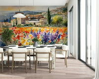 Sun-drenched valley illustration wallpaper mural for a dining room décor.