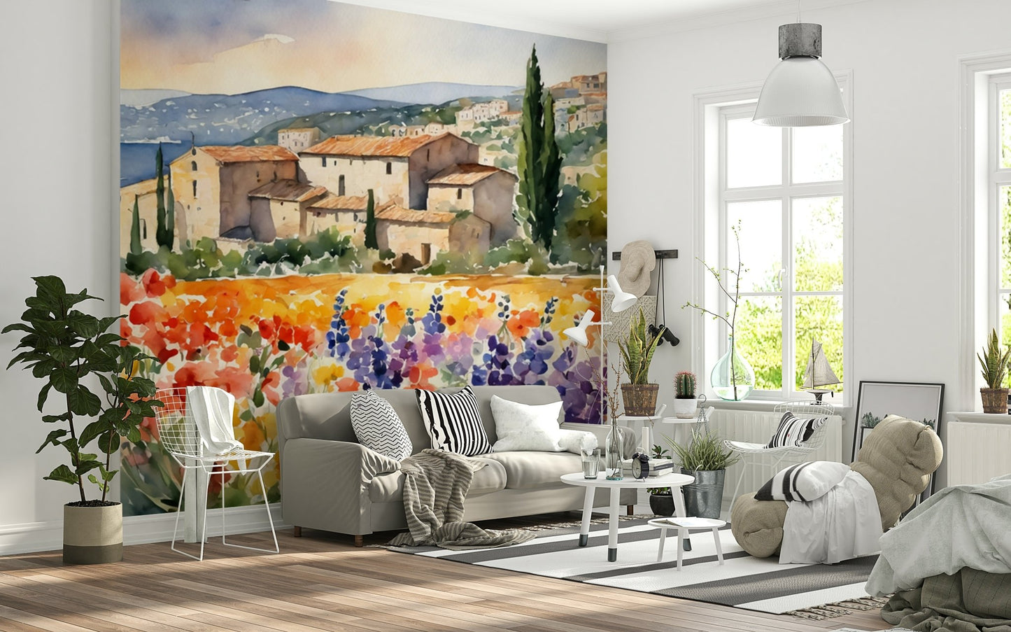 Provençal Vista Wall Mural wallpaper mural with lavender field colour tones.