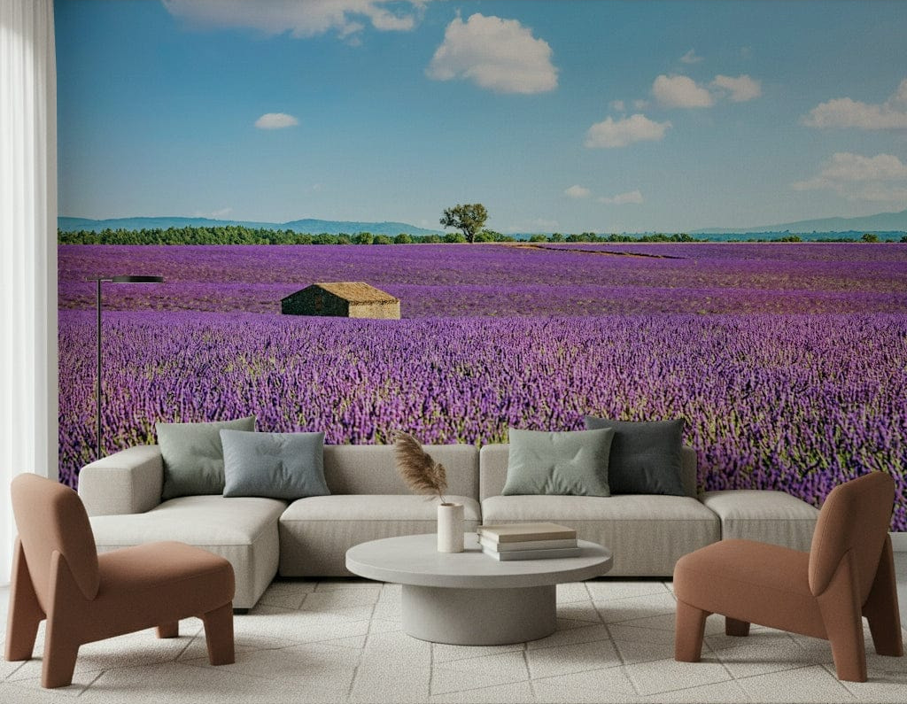 Living room with Provence Landscape Wall Mural across a wide feature wall