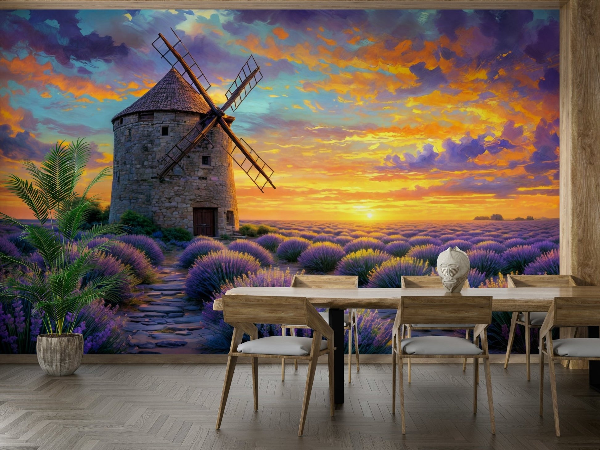 The colors are a mix of soft purple, deep green, and light blue.
