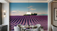 Provence's Purple Haze Wall Mural in a quiet bedroom with linen bedding.