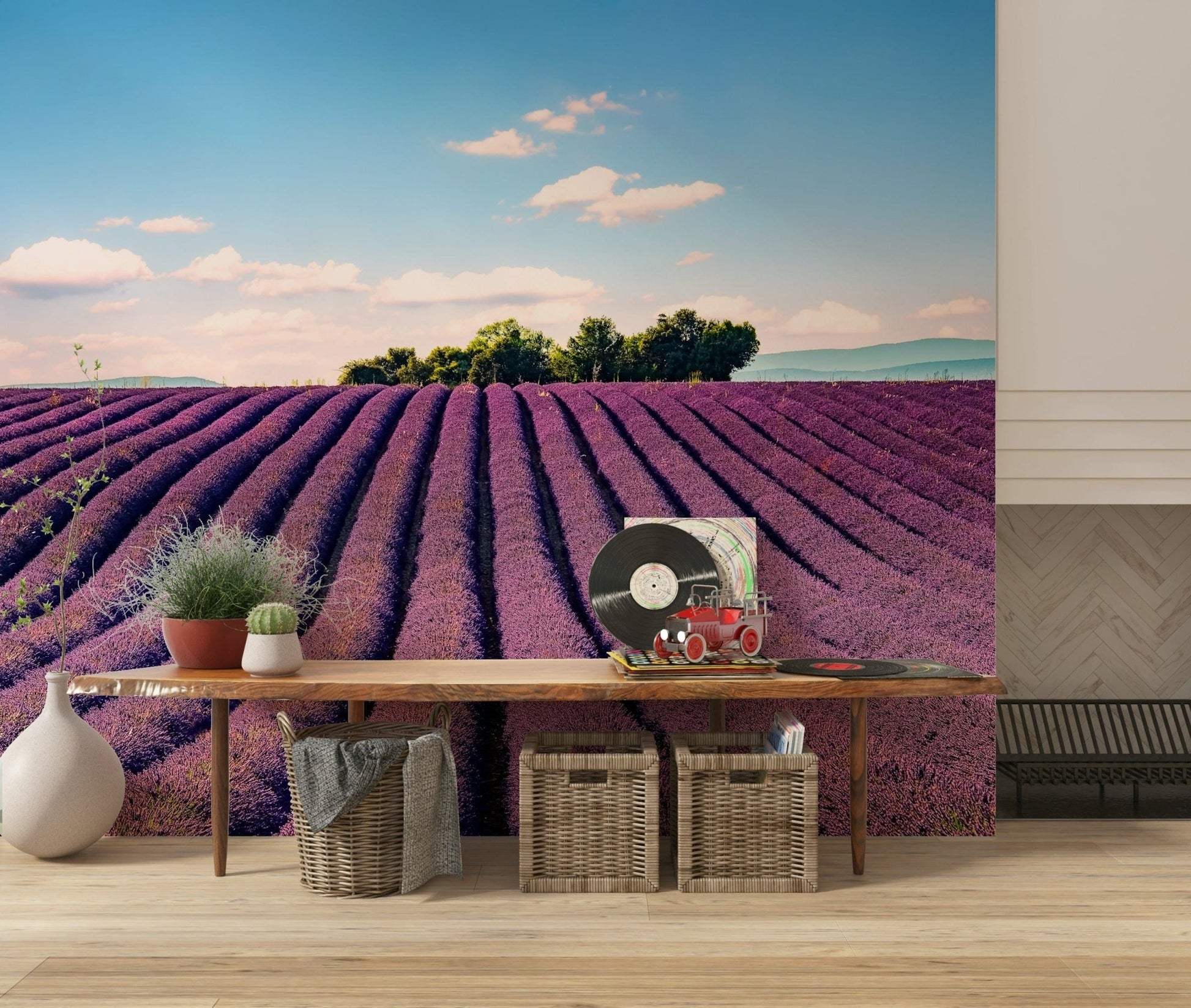Provence's Purple Haze Wall Mural as a backdrop for a vanity in a dressing room.