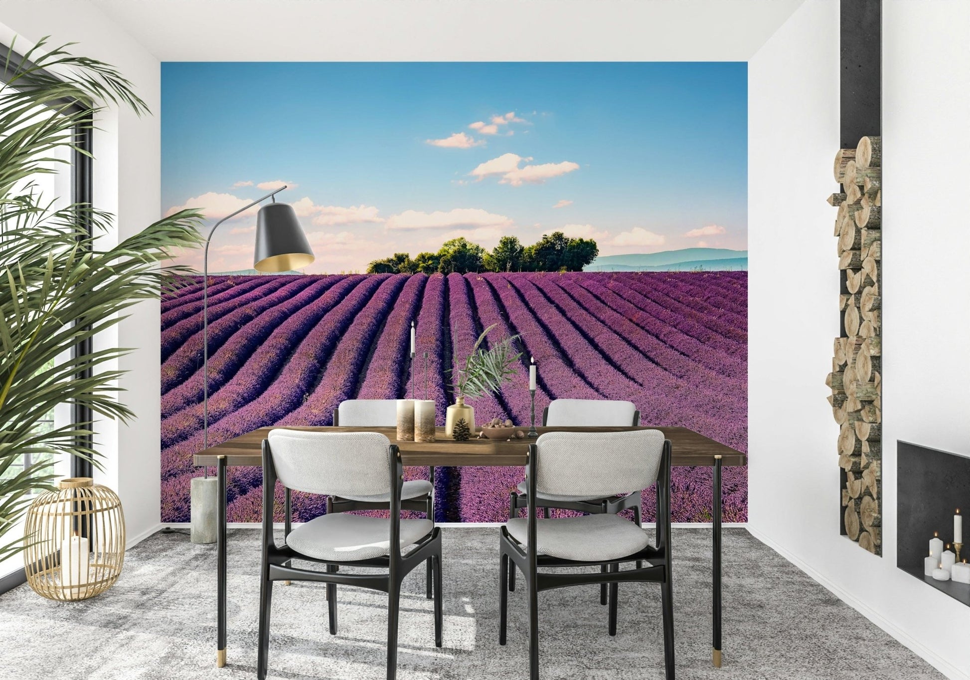 Subtle lavender clouds and field pattern for an entryway focal wall.