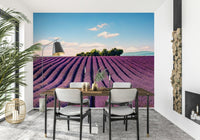 Subtle lavender clouds and field pattern for an entryway focal wall.