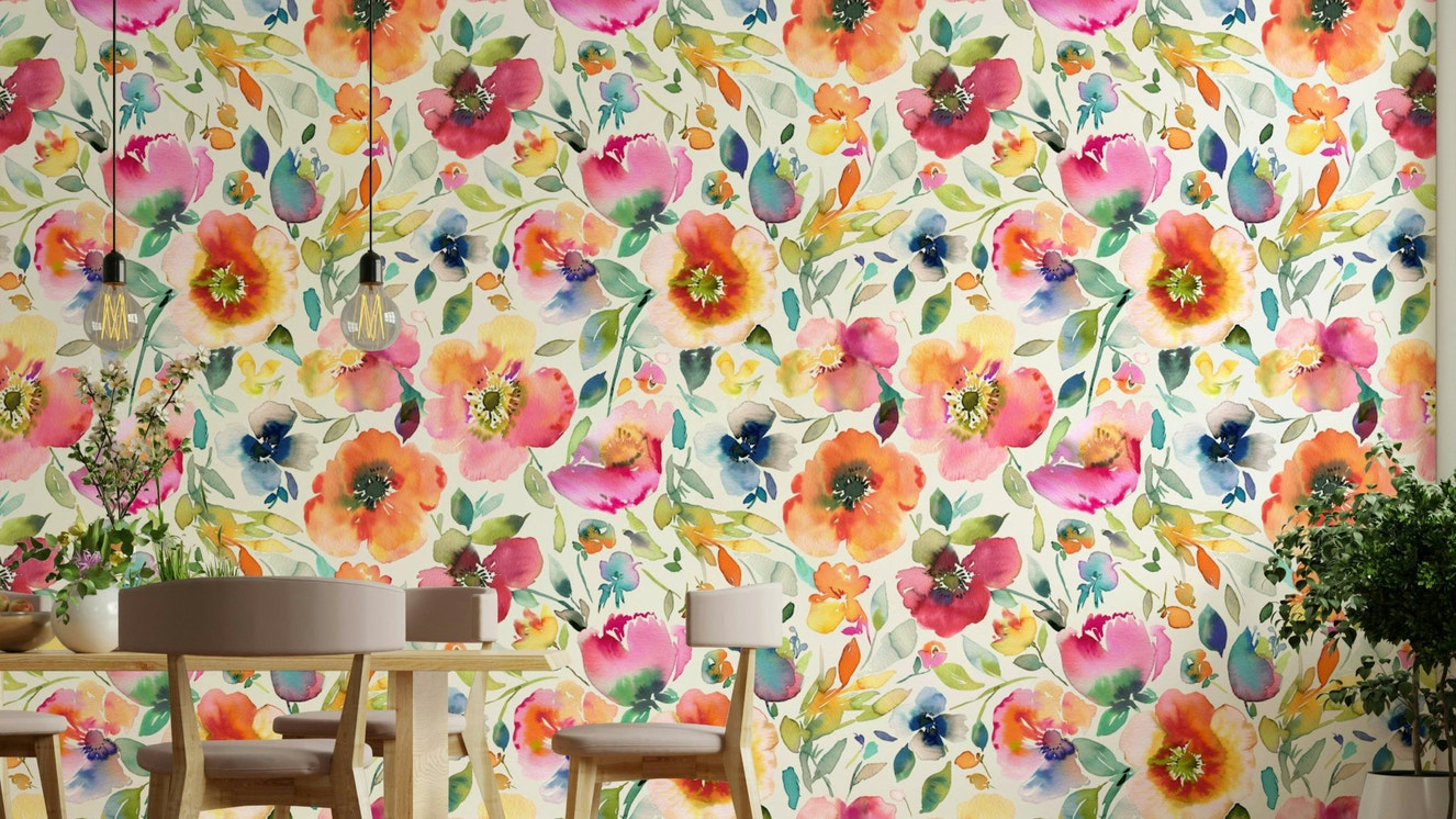 Psychedelic spring poppies vintage orange wallpaper pattern

