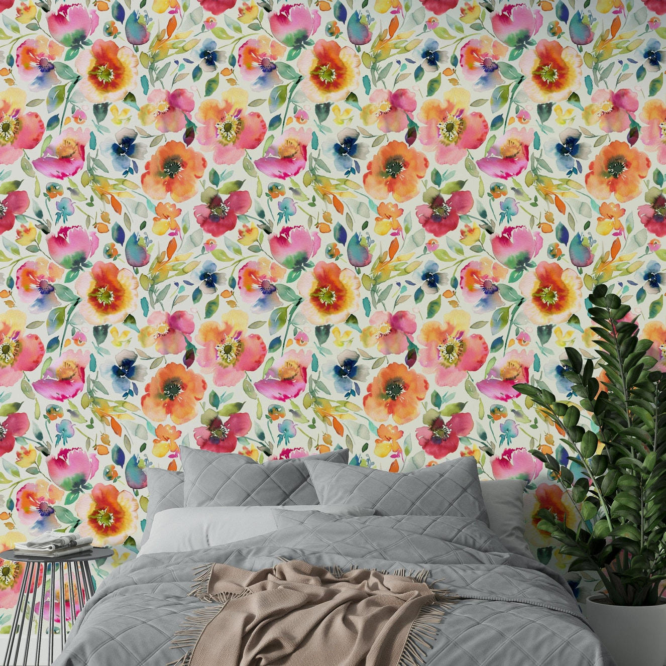 Bright orange vintage wallpaper with psychedelic poppy flowers

