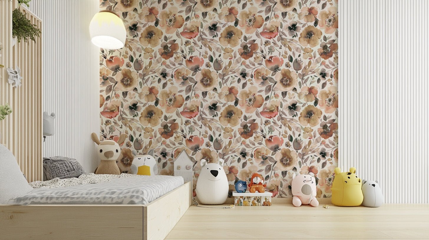 Vintage rustic wallpaper with bold psychedelic poppy flowers, GD1291