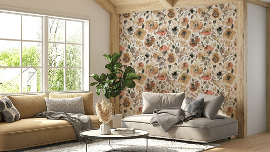 Psychedelic spring poppies wallpaper with vintage rustic style

