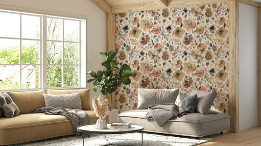 Psychedelic spring poppies wallpaper with vintage rustic style

