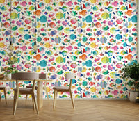 Puffer fish characters swimming in sea kids wallpaper design, GD1292