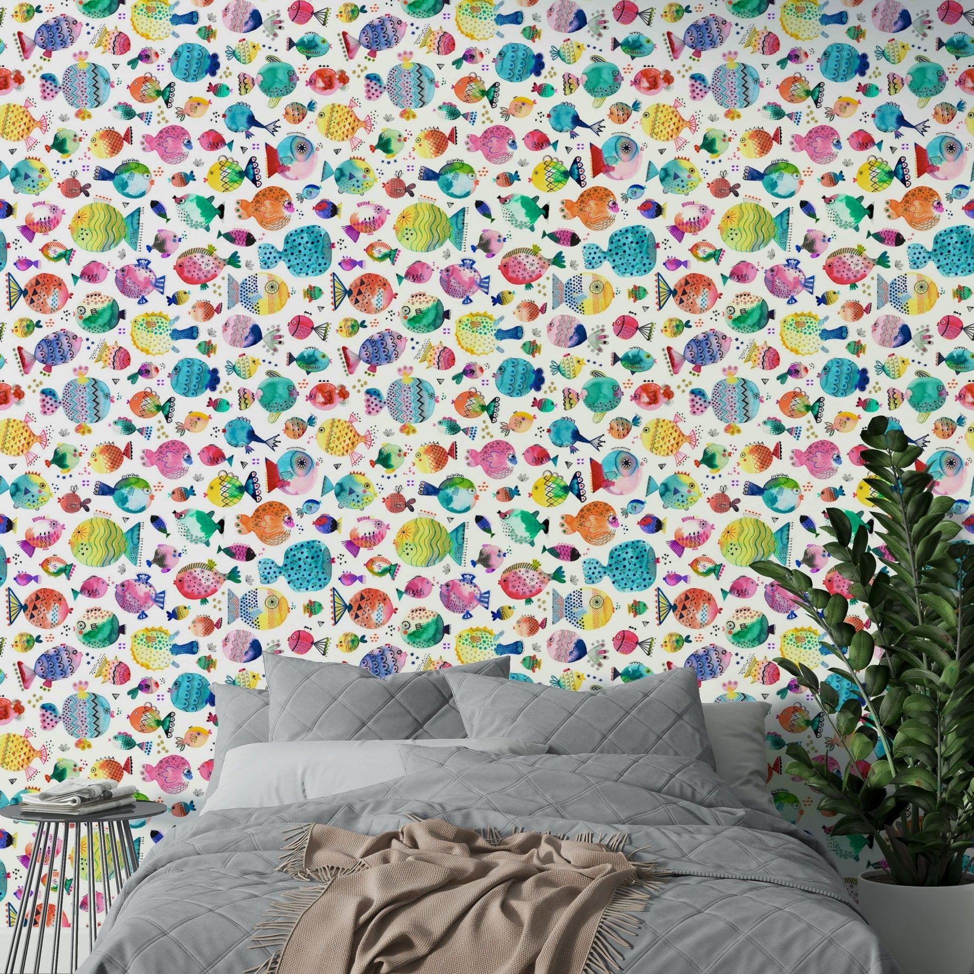 Whimsical puffer fish wallpaper with ocean waves for kids, GD1292