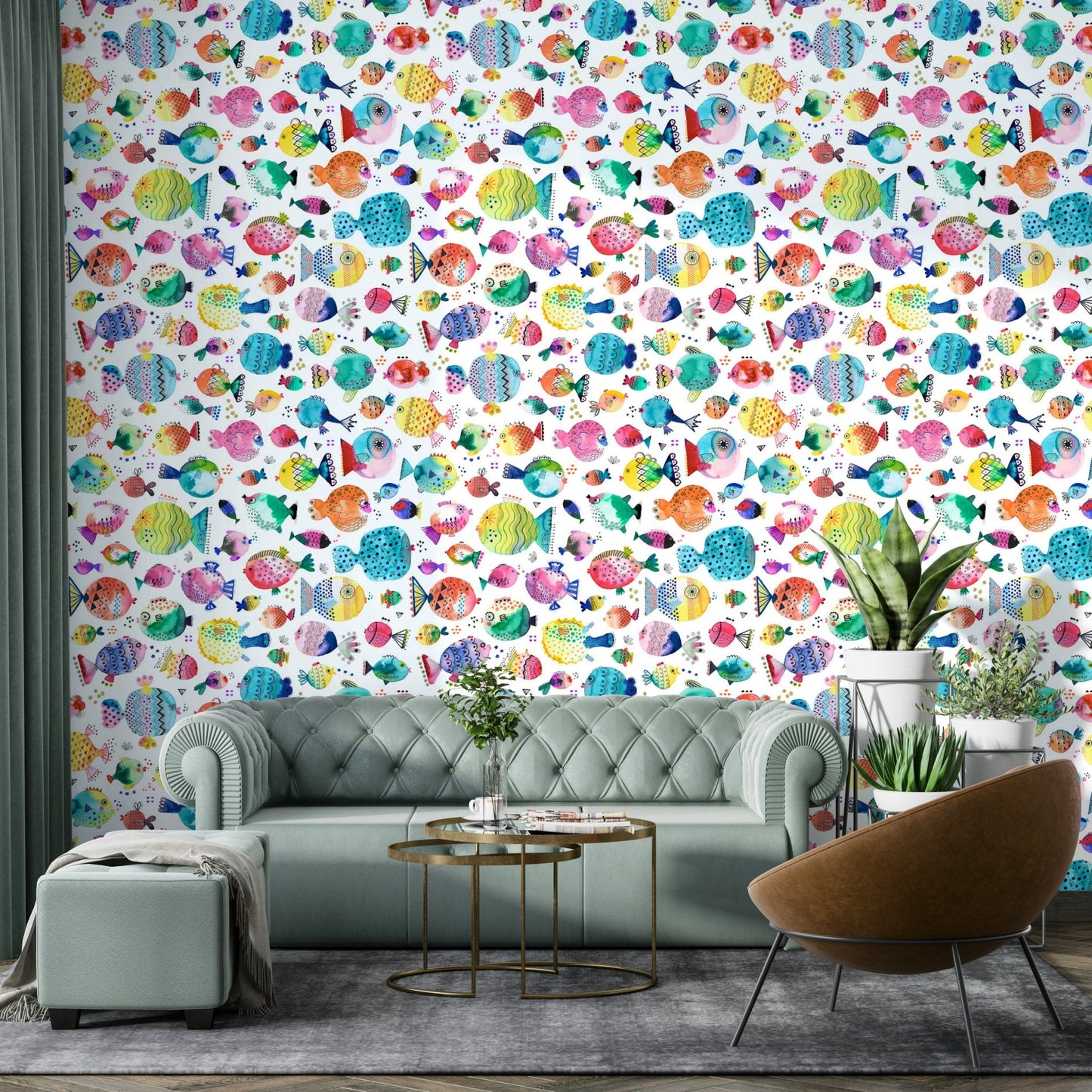 Cute puffer fish pattern for children's sea-themed wallpaper, GD1292