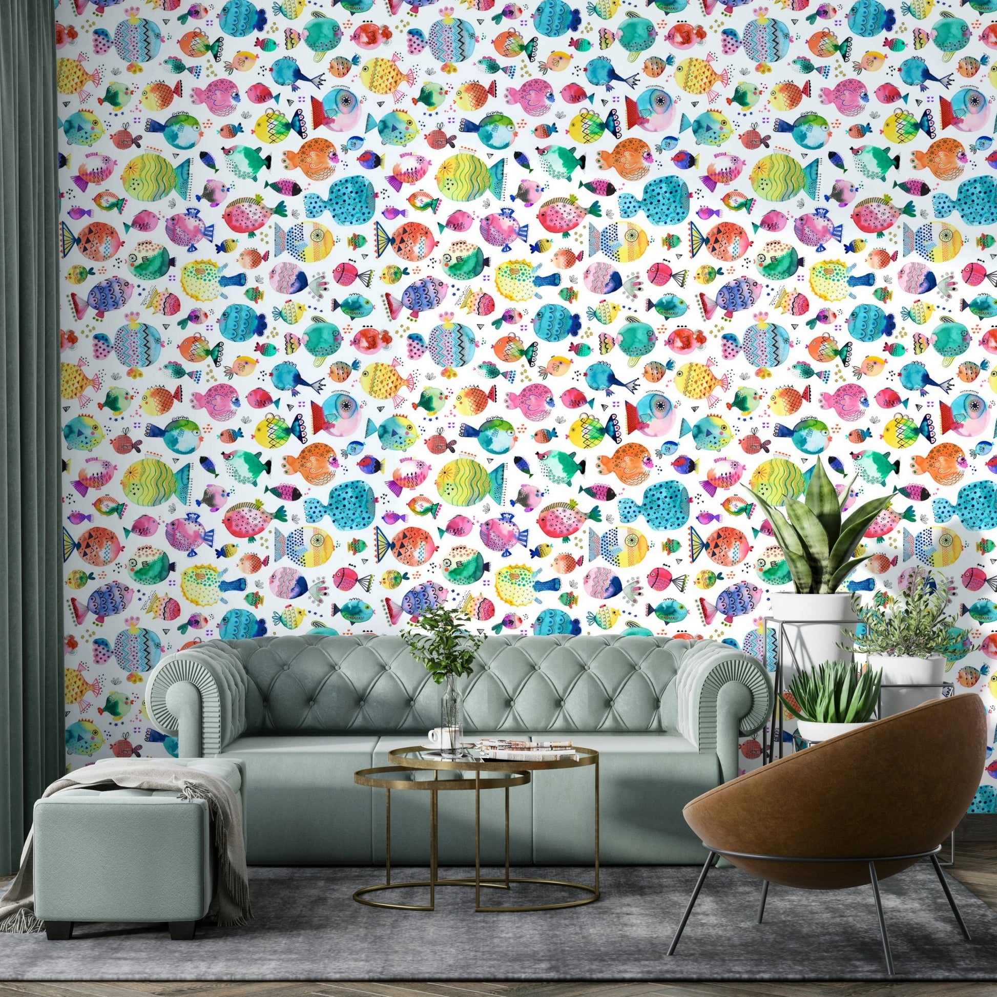Cute puffer fish pattern for children's sea-themed wallpaper, GD1292