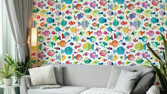 Playful sea puffer fishes wallpaper for children’s rooms

