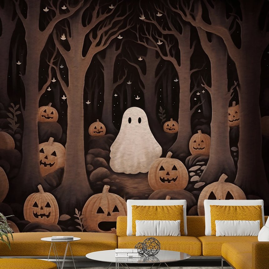 One ghost peeks over the top of a pumpkin in the foreground.
