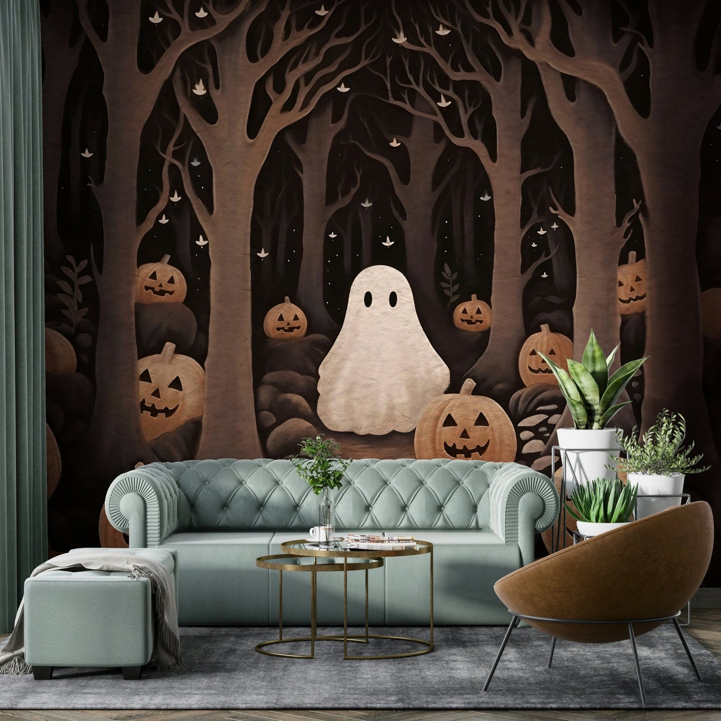 The ground is a dark color with several large, orange pumpkins.
