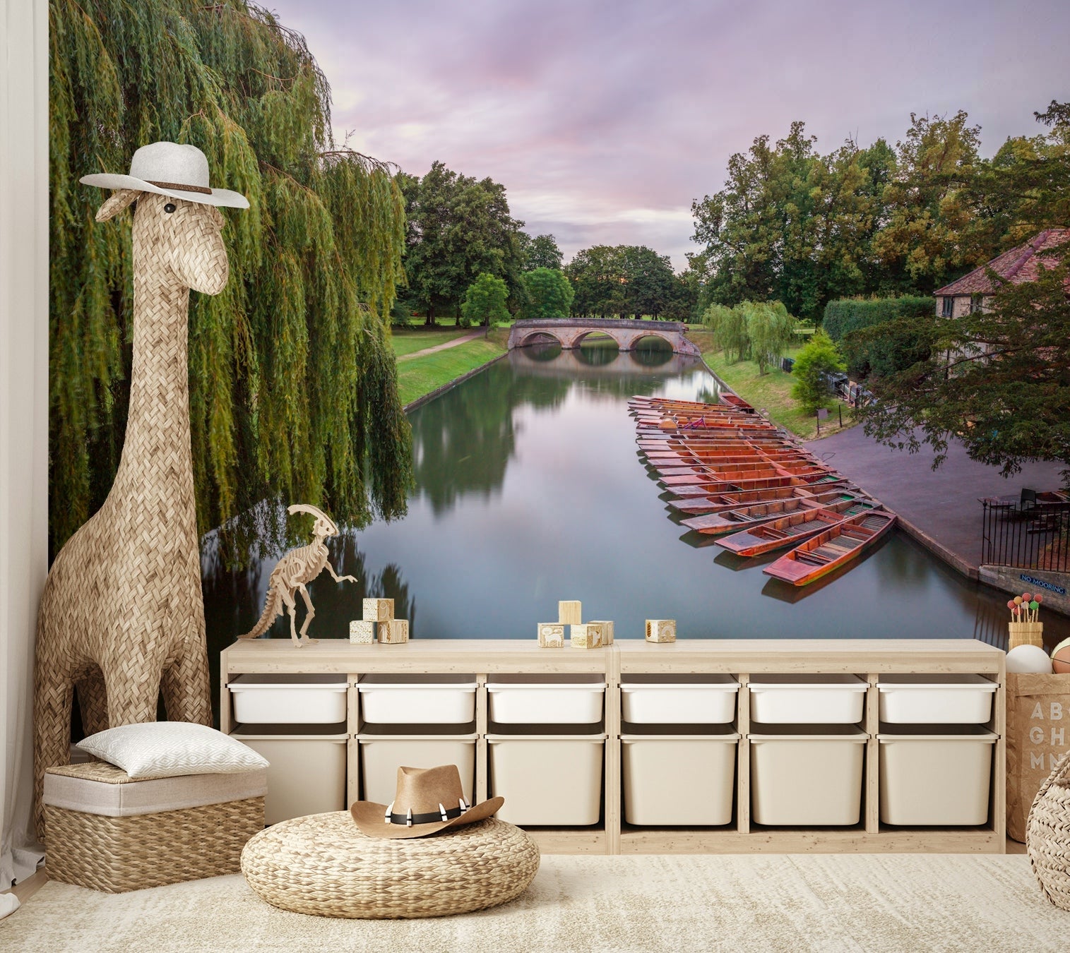 A peaceful wall mural with a view of a boat on a river. GD3829

