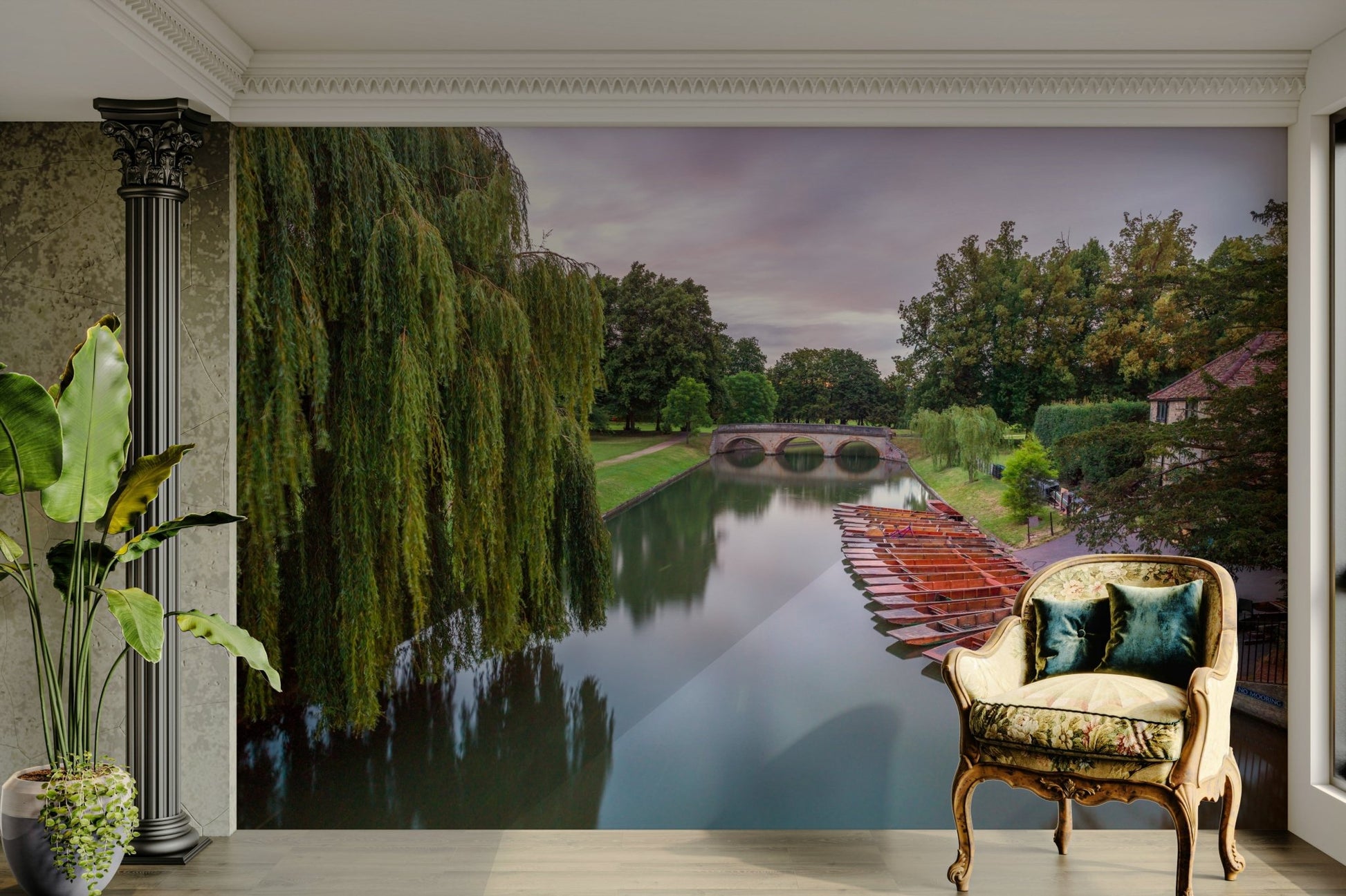 The water is calm and reflects the sky and trees.

