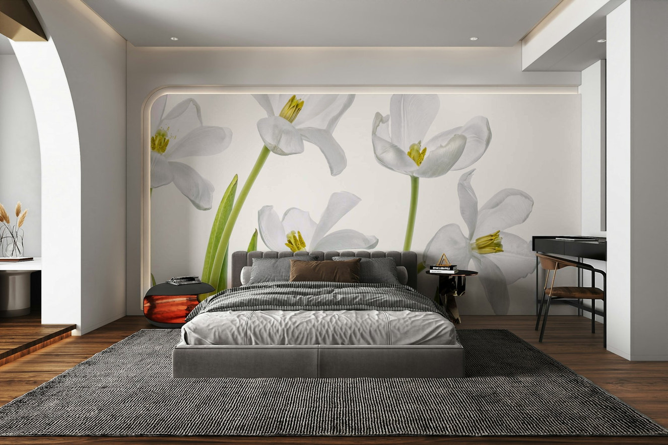 A beautiful serene tulip field wallpaper mural for a modern home.

