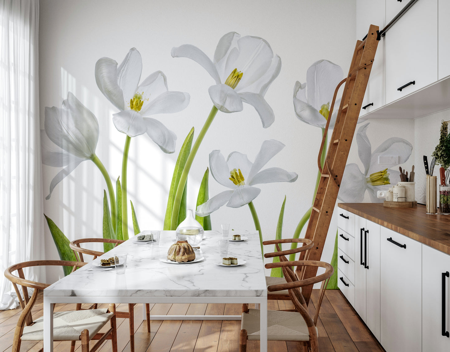 A peaceful flower design mural on decorative wallpaper.

